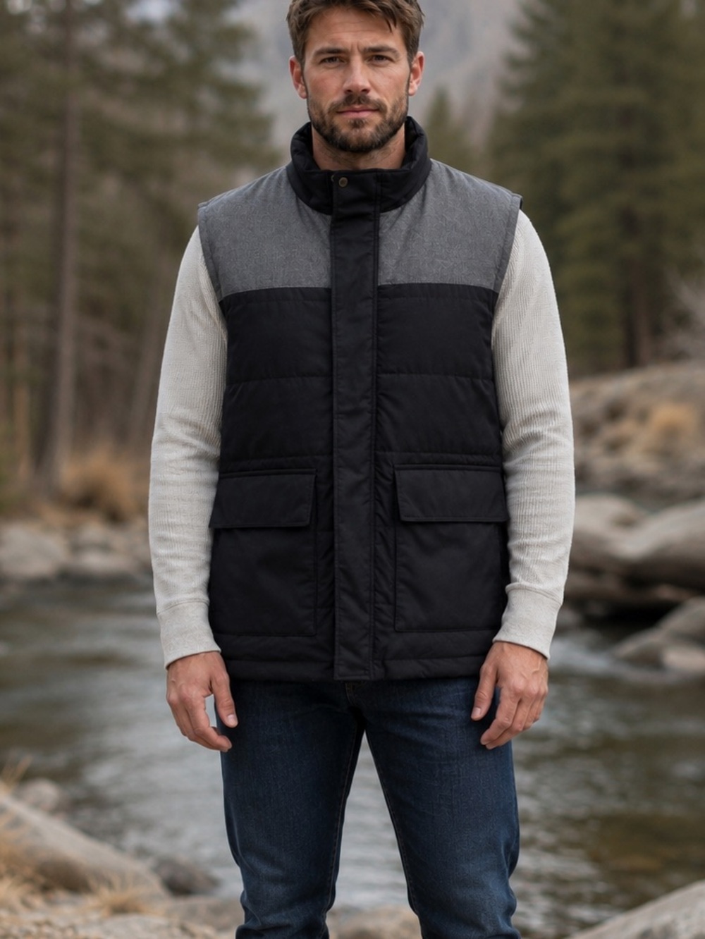 Robert Talbott Black and Gray Quilted Puffer Vest Wool